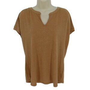 Talbots Womens Medium Linen Blend Y Neck Heathered Tan Brown Shirt Top NEW